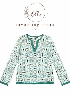 Jones Wear Green White Geometric Print Tunic Top 3/4 Sleeve Lightweight